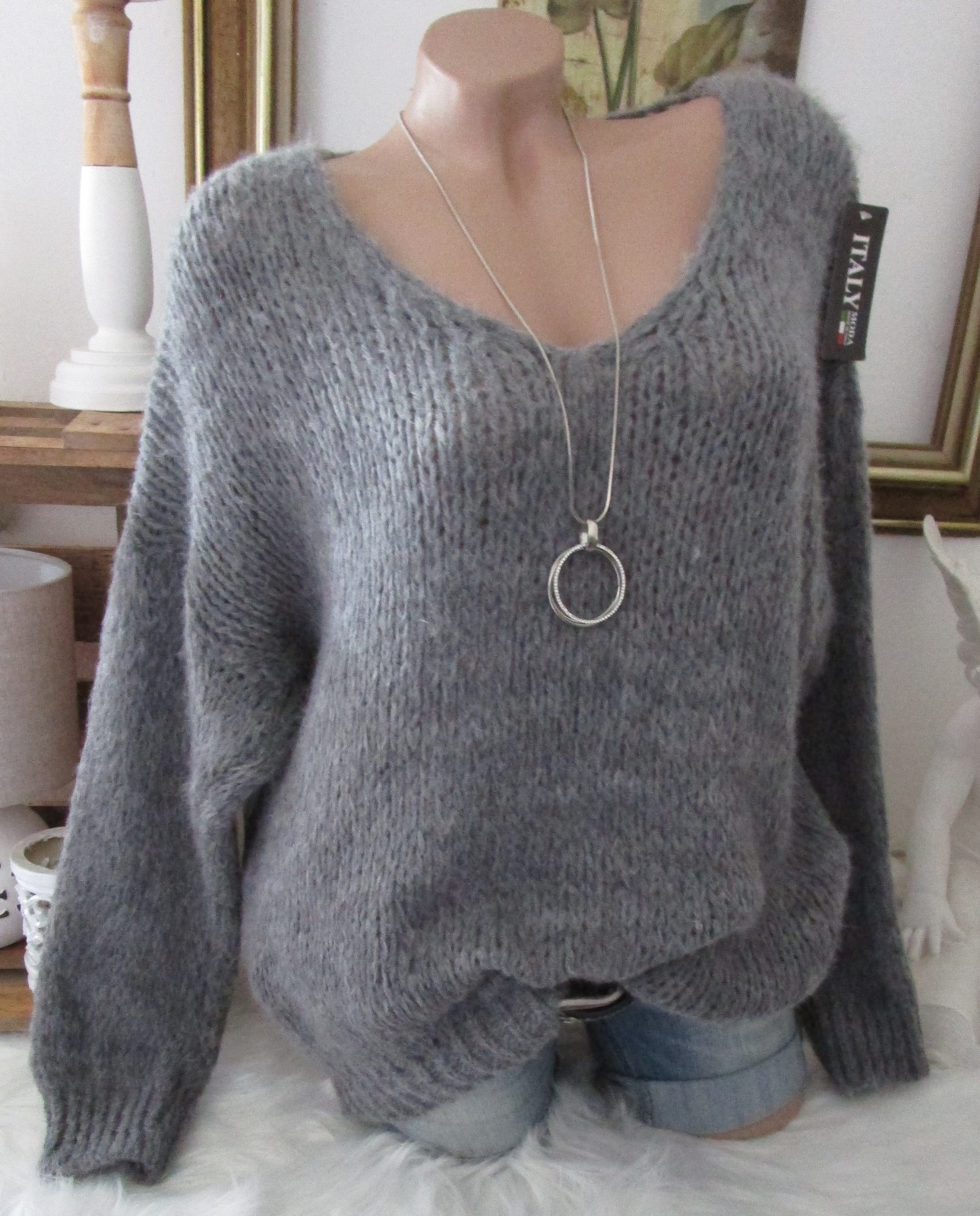 Italy Warme Kuschel Strick Pullover Grob Pulli Anthrazit Einheitsgrösse 36 38 40
