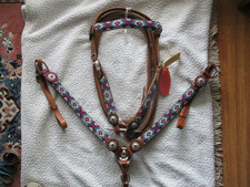 Showman Beaded 3 Pc Headstall, Breast Collar  split reins horse Tack Set 7015