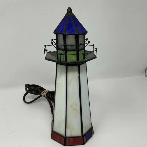 Vintage 10" Stained Glass Lighthouse Tiffany Style Accent Light Table Lamp