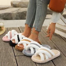 Cross Warm Fluffy Furry Slippers Women Lightweight Flat Heels Open Non Slip Toe
