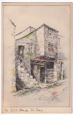 St. Ives Cornwall Postkarte ein altes Haus Vintage Architektur Kunst Skizze Kollotypie
