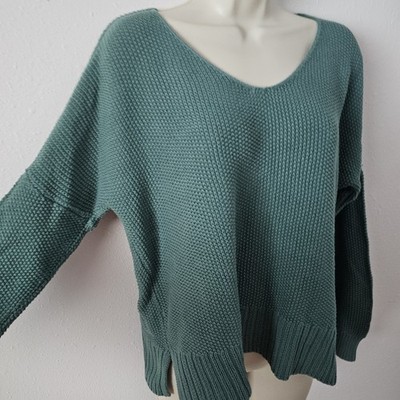 Lucky Brand Seed Stitch Knit Pullover M Muted Teal Drop Shoulder Quiet Luxury 