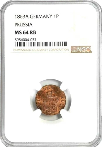 1863 A German States Prussia 1 Pfennig, NGC MS 64 RB, Germany 027  