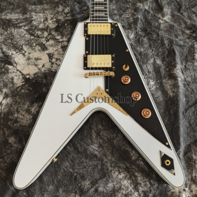 Custom Shop Fly V Electric Guitar Vintage White Mahogany Body Gold