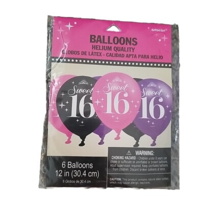 Amscan 6 Balloons Sweet 16 Helium Quality Black Purple Pink CHOKING HAZARD