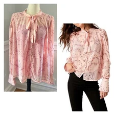 Free People Stars Align Printed Top Ballet Pink Combo XL Semi-Sheer PussyBow