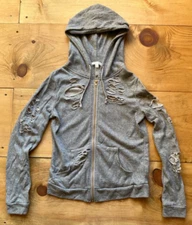 Active USA Women's Hoodie-Shirt-Blouse-Size S-Distressed-Gray-Zip-Long Sleeve