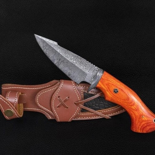 LOT OF 3 ORANGE WOOD HANDMADE DAMASCUS STEEL HUNTING KNIVES &FREE LEATHER SHEATH - 第 1/3 張圖片