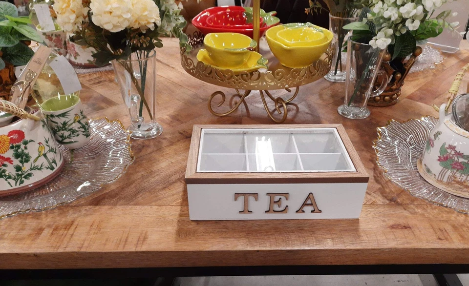 Teebox / Teekiste / Teebeutelspender, 6 Fächer, Rechteckig Weiss/Braun, 23x17x8 - Bild 3 von 4