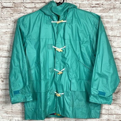 Acadia PVC Rain Jacket Lined Wooded Tassel Buttons Teal Green Multi Color Liner