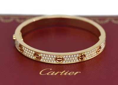 Cartier Diamond Pave 18K Yellow Gold Love Bracelet Size 16