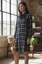 Michael Kors Navy/Tan  Plaid Neck Bow Tie Long Sleeve Lined Dress Size 0