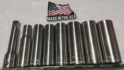 8PC CRAFTSMAN 3/8'' DRIVE DEEP 6PT SOCKET &3'' EXTENSION ON A SOCKET HOLDER METRIC