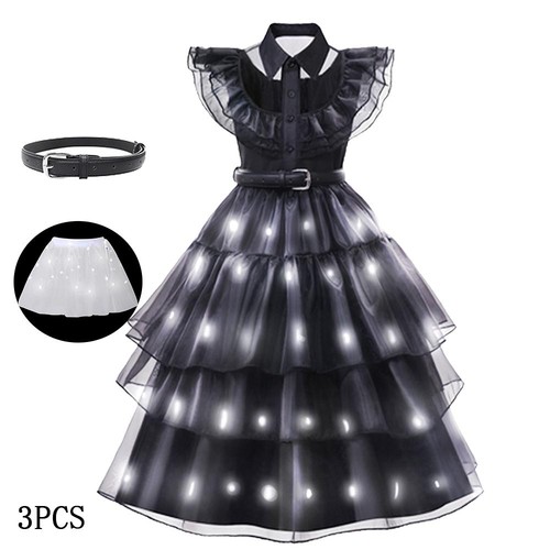 Merlina Costume Mercoledì Bambina Illuminazione LED Vestito Garza Nero per Halloween - Foto 30 di 32