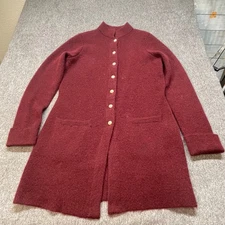 Adrienne Vittadini Burgundy Button Front Knit Long Cardigan Women L Wool Blend
