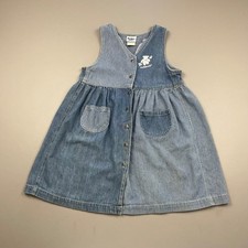 OshKosh Denim Dress Kids Size 6 Blue Hickory Stripe Bear Embroidered Jumper