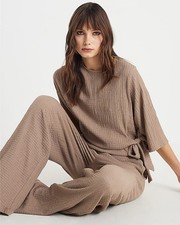 River Island Womens Top Beige Short Sleeve Textured Knot Side Crew Neck Blouse