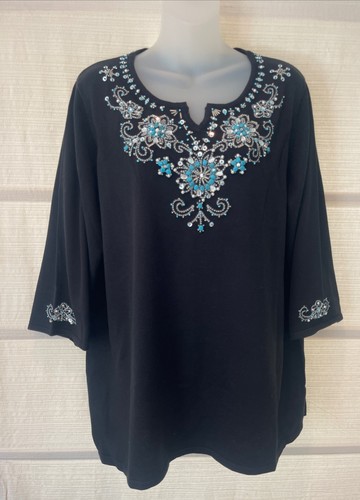 QUACKER FACTORY Black~Simulated Turquoise Necklace~Beading Tunic Sweater~1X~NWT - Picture 1 of 7