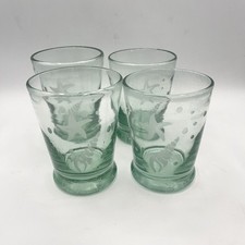Set Of 4 Hand Blown Green Glass Etched Starfish Shell 8 oz 4  Heavyweight Bottom