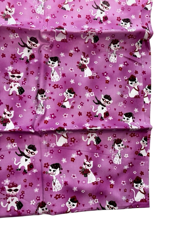 Robert Kaufman Pink Floral Cat Paris Red Hat Heart Rose Purse Metallic 45”X 110” - Image 2 of 4