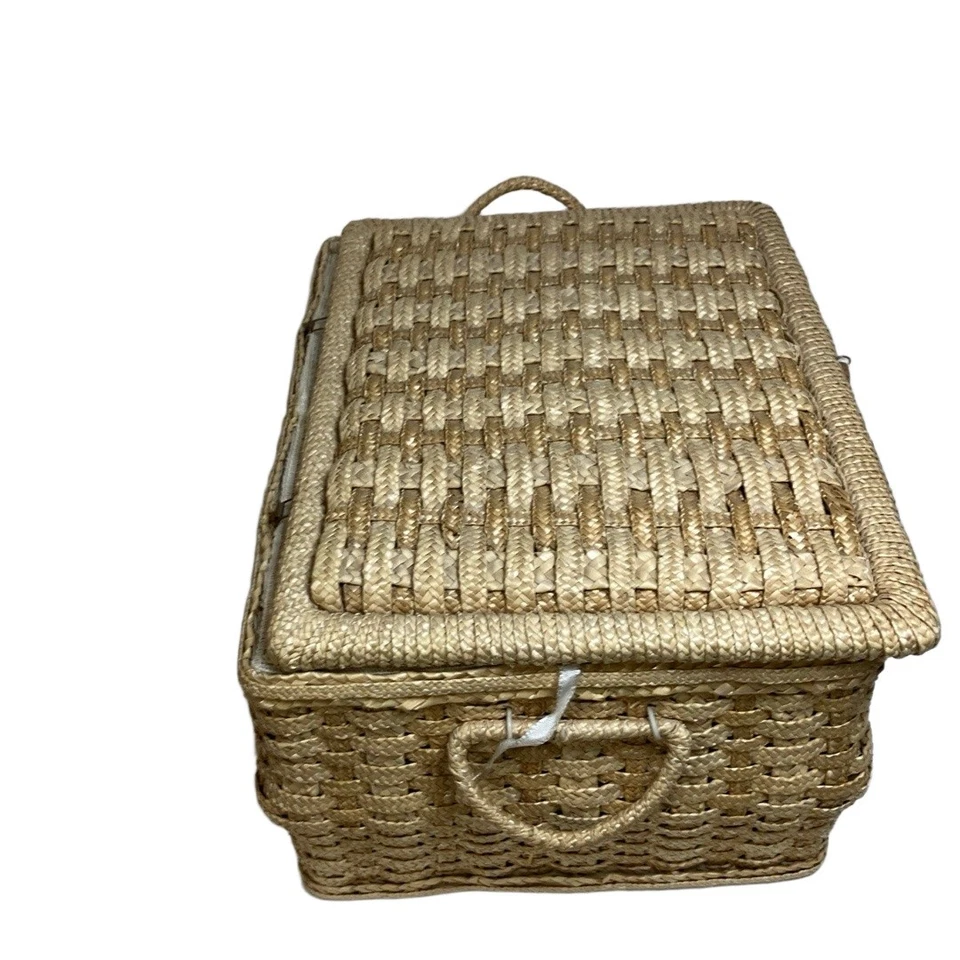 Basket Rectangular Rattan Brown Woven Lid Handle on Side Minimalist Boho - Image 2 of 4