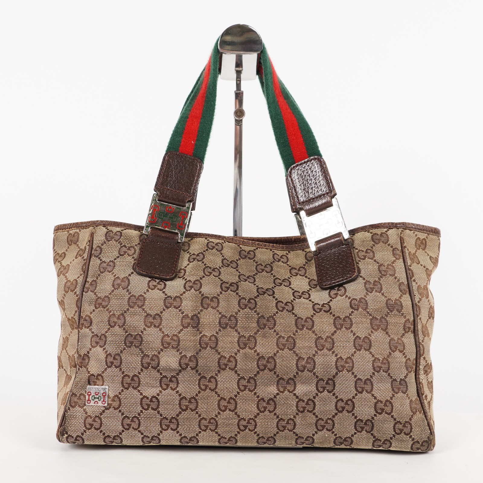 GUCCI GG Canvas Sherry Line Tote Bag in Beige Silver Red