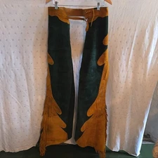 Vintage H. Kauffman & Sons Green and Gold Suede Fringed Chaps Size 23/34