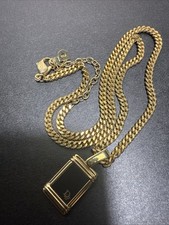 Dior Gold Tone Signed Cuban Link Chain Necklace Rectangle Charm Pendant 18in