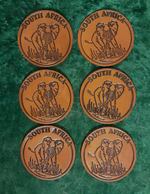 Set/6 Genuine Leather South African Coaster Set With Elephant - EXC!
