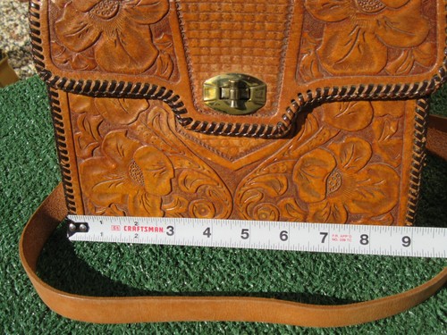 Vintage Hand Tooled Brown Leather Flower Floral Crossbody Purse Bag 9" x 7" - Picture 8 of 12