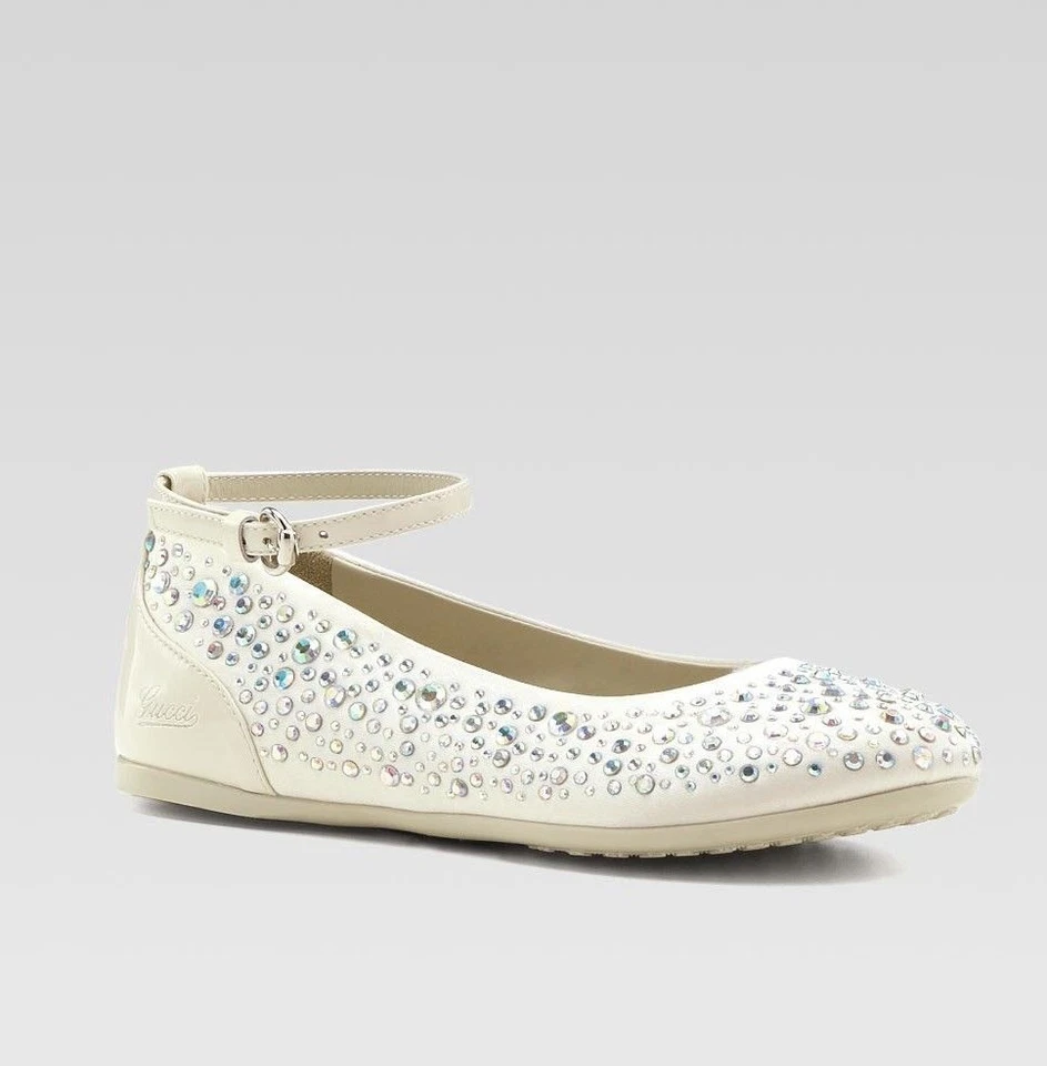 NUEVO EN CAJA NUEVO Gucci Niña Marfil Negro Satinado Cuero Cristal Tobillo Ballet Pisos 25 26 10 Foto 4 de 4