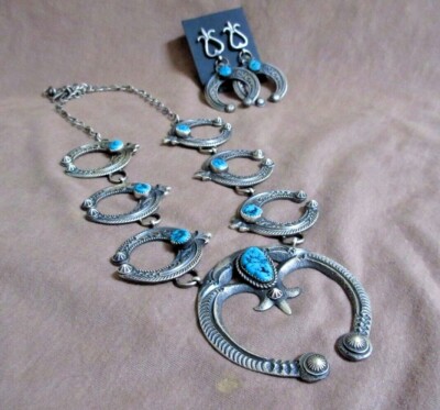 Navajo Sterling Squash Blossom Naja Halskette & Ohrringe Von E L Billah JN361