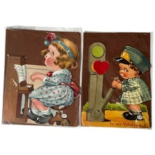 Vintage Valentines Day Card Girl On Piano Boy Railroad Train Switch 8.5"  Pair