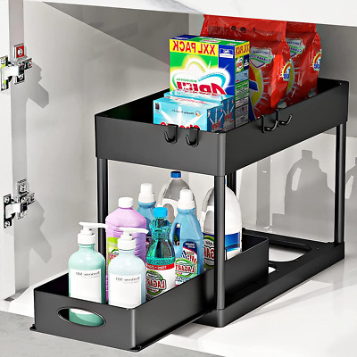 PUILUO under Sliding Cabinet Basket Organizer, 2 Tier Storage under Cabinet Bath