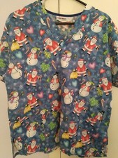 Scrub Top Christmas Santa Snowmen Size Medium Womens Unisex Jasco Uniform Blue