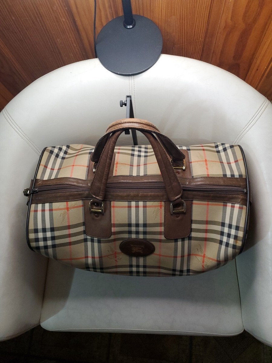 Vintage Burberry Check Canvas Travel Large Boston Broen Beige Bag