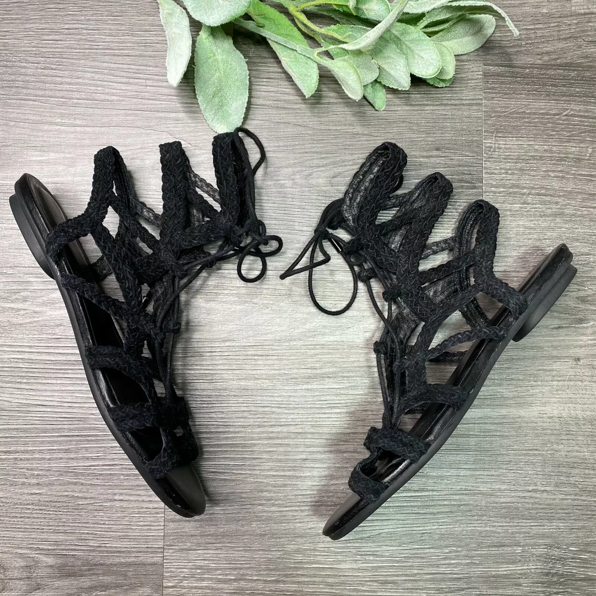 JOIE Womens 36.5 Black Leather Braided Lace Up Open Toe Flynn