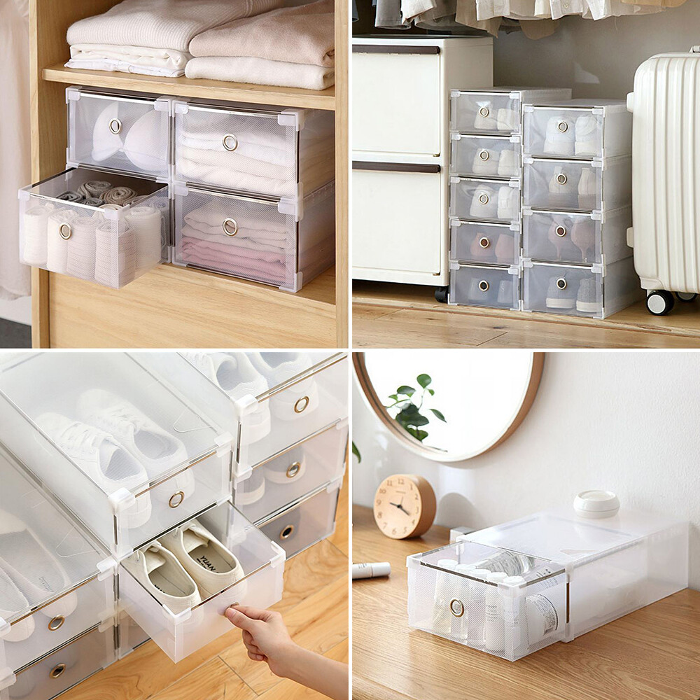 10 Pack Plastic Stackable Shoe Storage Organizer Clear Drawer Box Metal