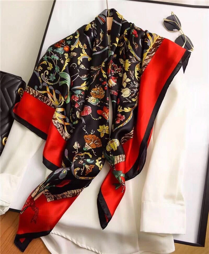 Bufandas cuadradas grandes 100 % seda para mujer chal flor bufanda enrollada a mano 43" Foto 3 de 4