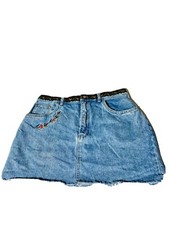Vintage Bill Blass Denim Embroidered Rhinestone Cut Off Mini Skirt Size 14