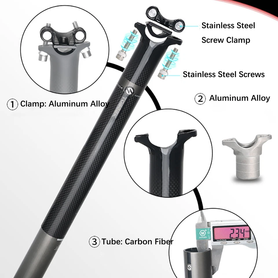 3K Carbon Fiber Seatpost Tube Cycling Racing Road Bike Bicycle Seat Post 27.2mm - Image 2 of 4