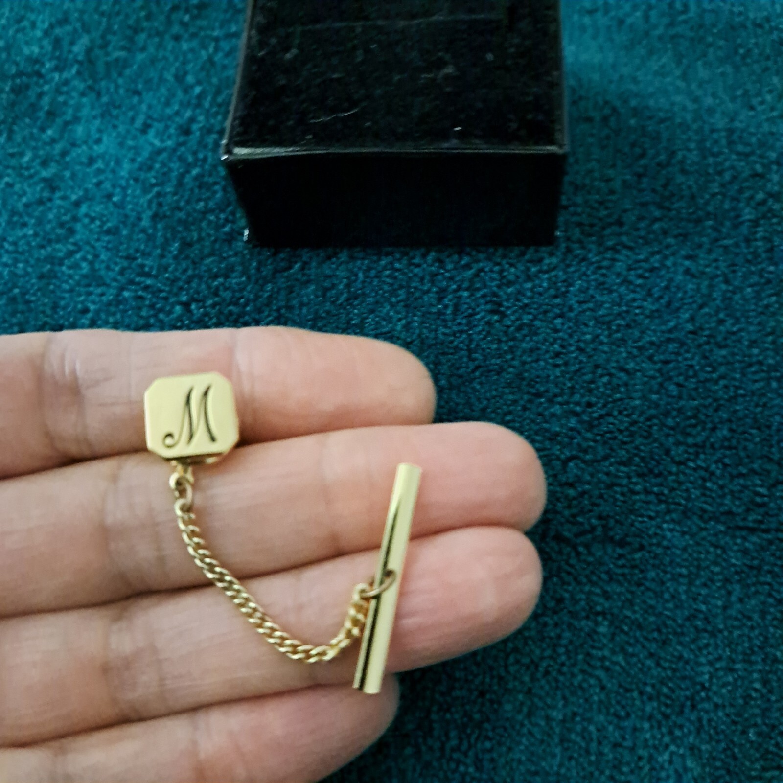 Pin Tie Tack With Chain Initial M  in Black  Goldtone Under $20