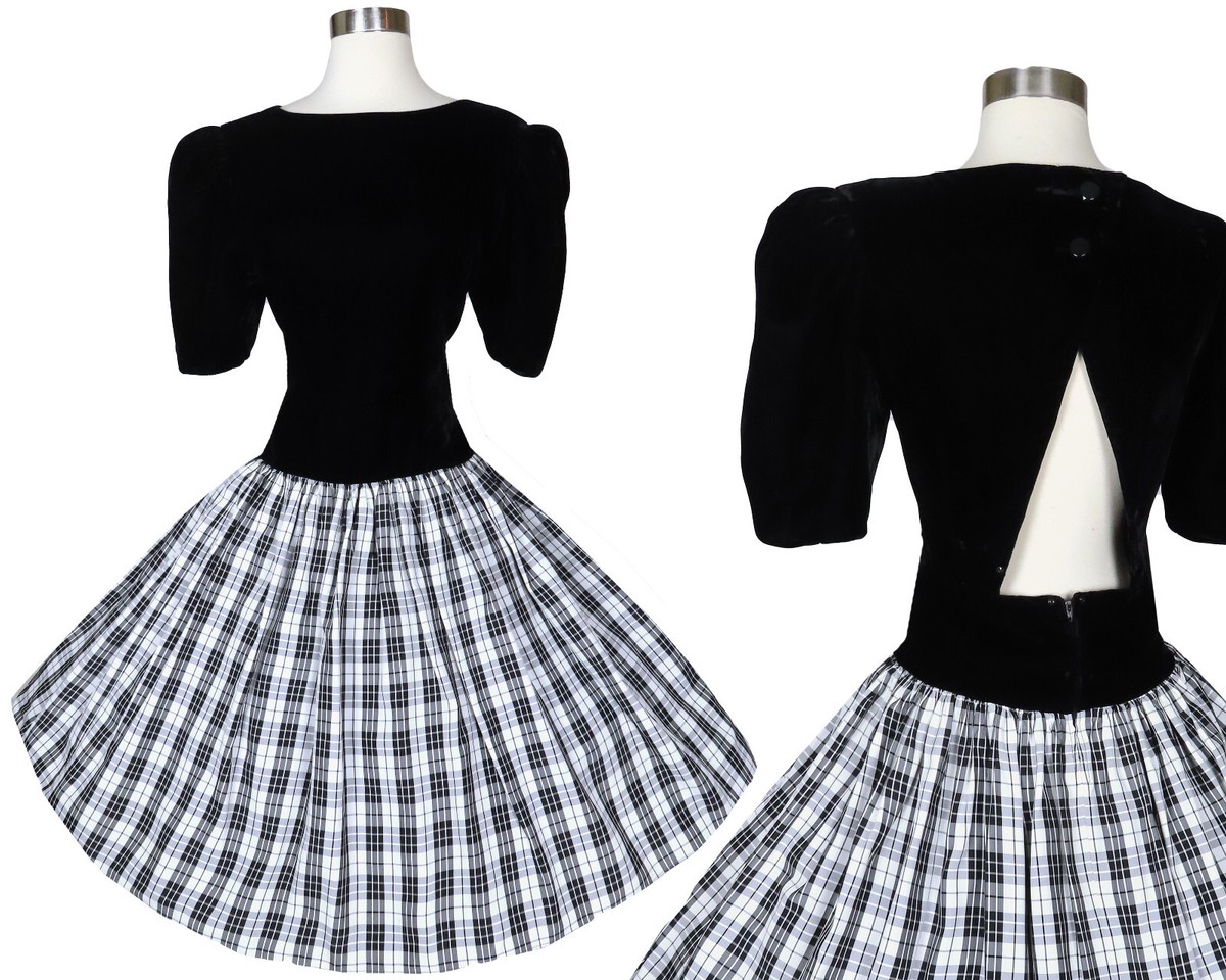 Vintage 80s Black Velvet White PLAID Taffeta Full Skirt Prom Party Dress M L