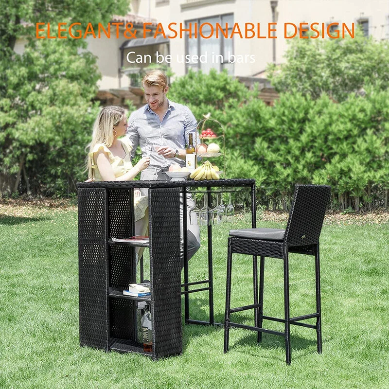 2pcs Outdoor Wicker Barstool Patio Rattan Furniture Bar Stools w/ Cushions Black - Image 2 of 4