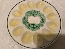 Vintage deviled egg plate Spring Style Yellow and Green 12 shell motif egg cups