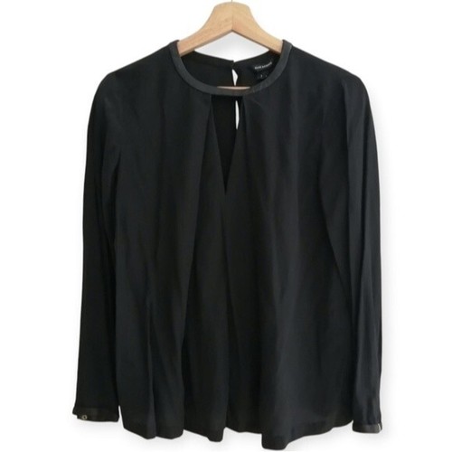 Club Monaco Pleated Keyhole Neck 100% Silk Blouse With Lamb Leather Trim XS