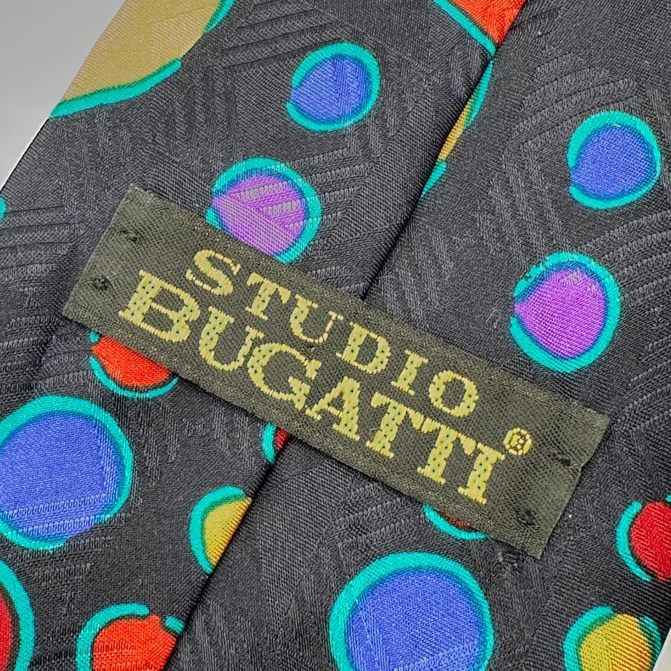 Винтажный студийный галстук Bugatti черный фиолетовый шелк абстрактный геометрический цветной 90-е - Изображение 4 из 4