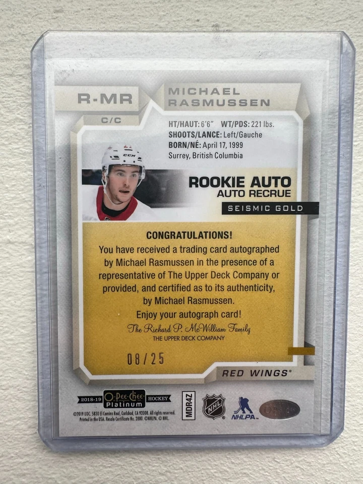 2018 O-Pee-Chee Platinum Rookie Autos Seismic Gold /25 Michael Rasmussen Auto RC - Image 2 of 2