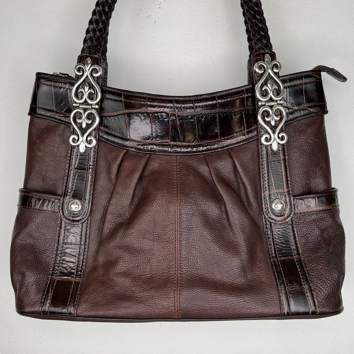Brighton Shoulder Bag Purse Pebble Leather Brown Silver Hardware Braided Handle