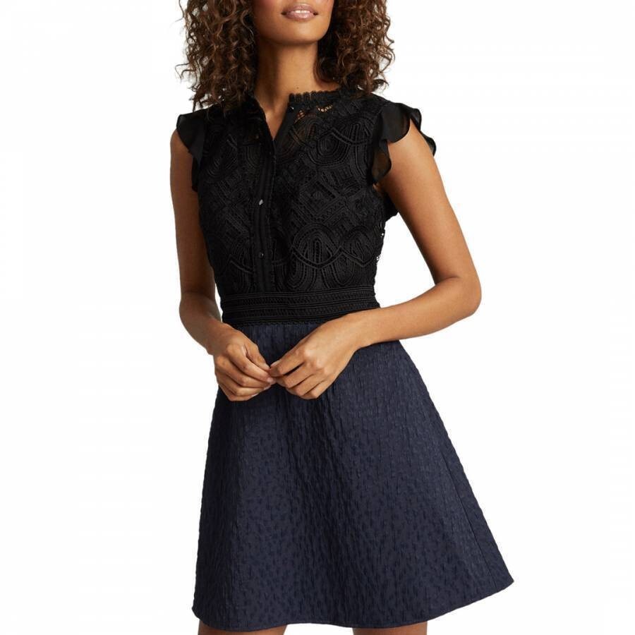 Reiss Hazel Navy Blue And Black Ruffle Detailed Mini Dress